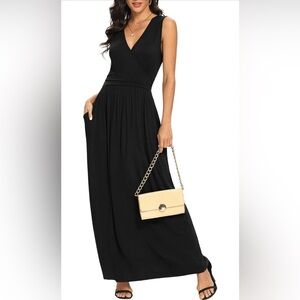 LILBETTER Women Sleeveless Deep V Neck Loose Plain Long Maxi Casual Dress